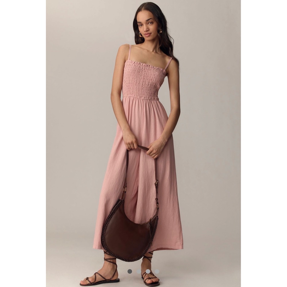 Pilcro Anthropologie linen blend smocked Wide Leg Jumpsuit Adjustable pink NEW‎